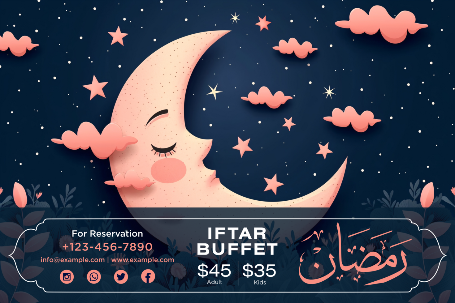 Ramadan Moon Charactor Stars Decor Banner Template for an enchanting festive Ramadan atmosphere at night psd