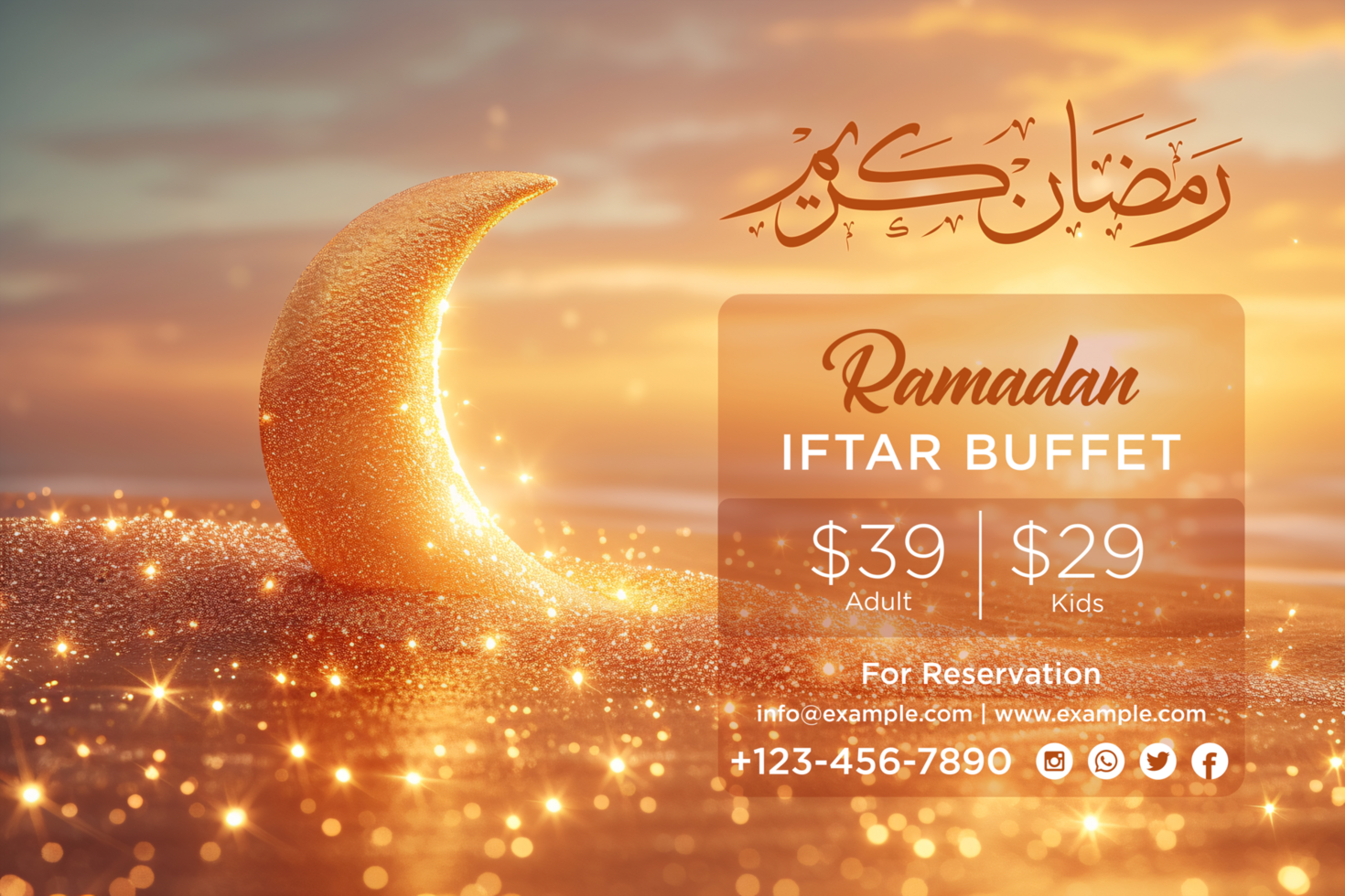Luxurious Ramadan Kareem Iftar Buffet invitation with artistic calligraphy and soft golden glow psd
