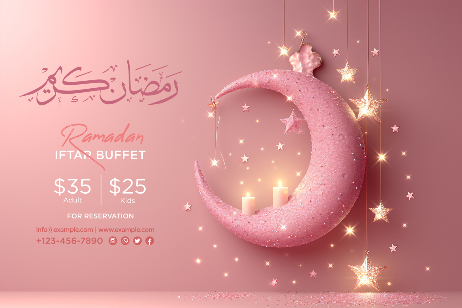 Ramadan Hanging Moon invitation Banner with intricate stars decorations and elegant Pink script psd