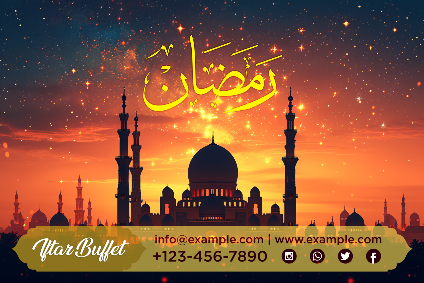Enchanting Ramadan Hanging Moon invitation poster featuring stunning calligraphy and festive elements psd