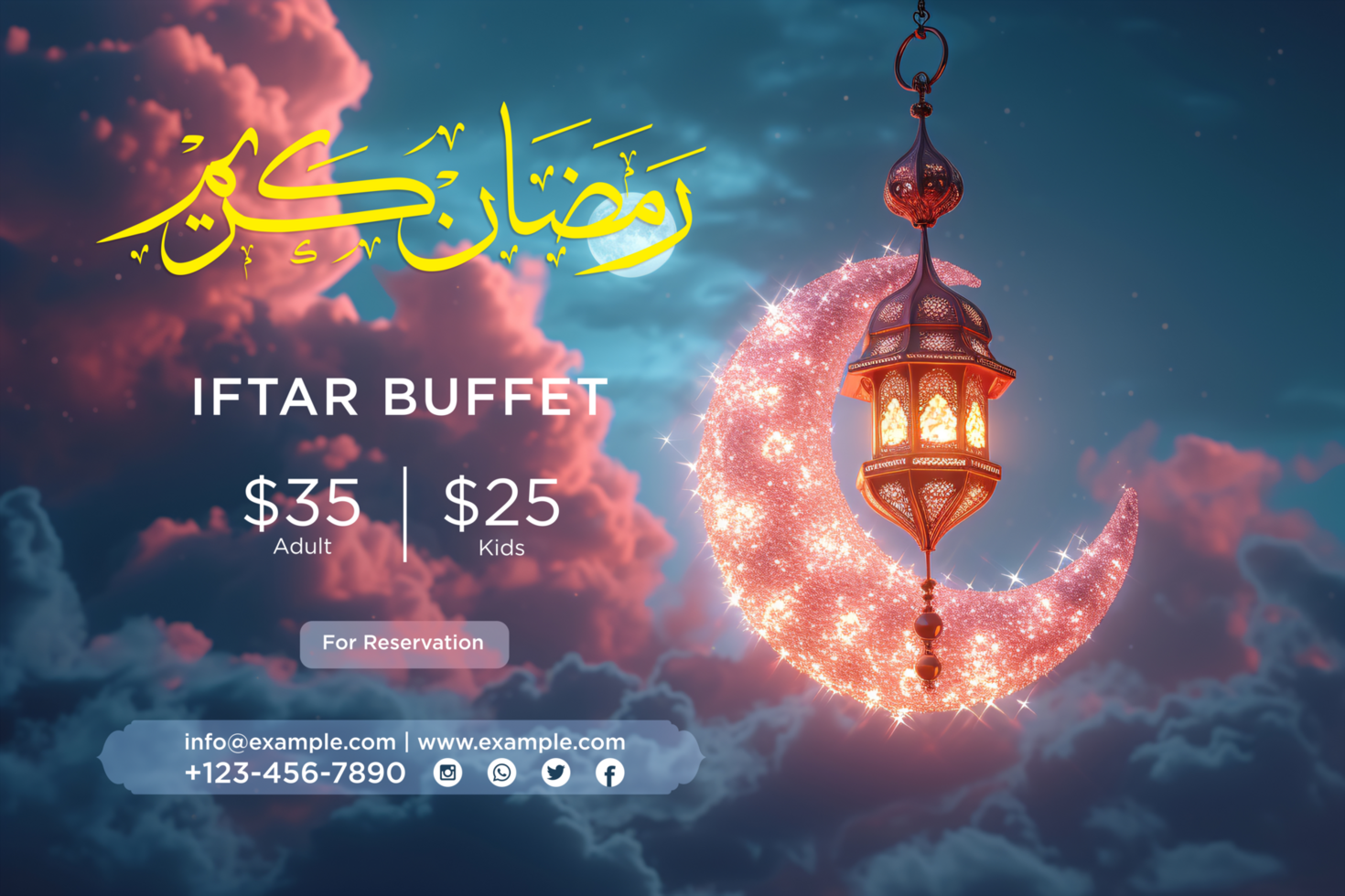 Golden Ramadan Iftar Party invitation with luminous glowing stars and ornate hanging moons psd