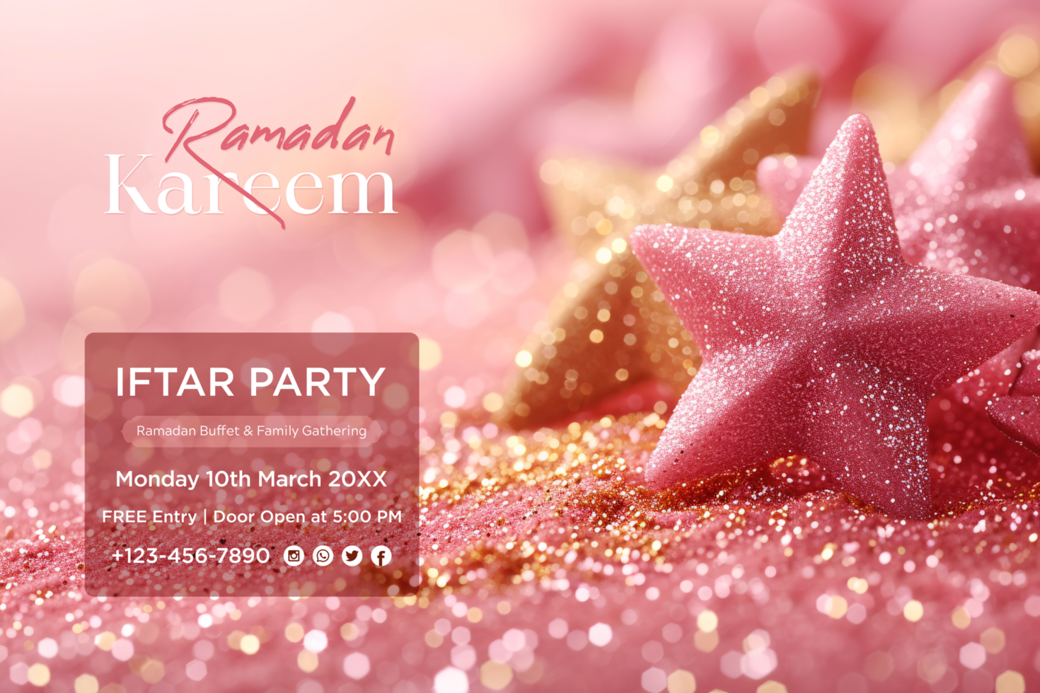 Glittering Ramadan Iftar Buffet invitation with Arabic calligraphy and ornate design psd