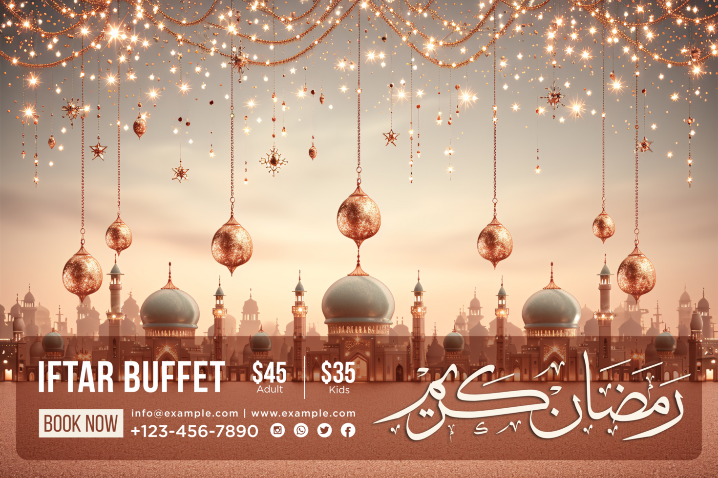 Golden Ramadan Hanging Moon invitation with intricate lantern decorations and elegant script psd