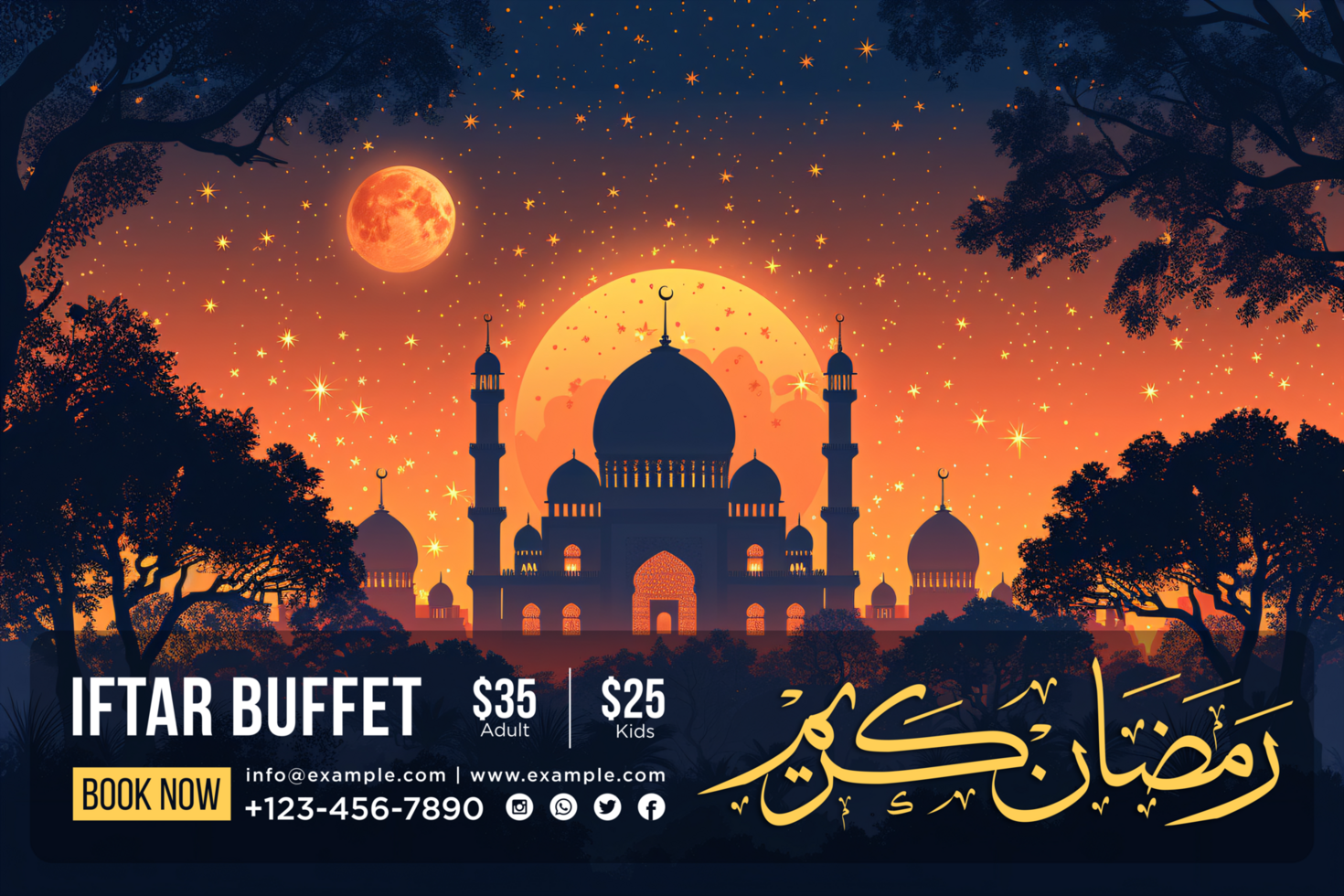 Stylish Ramadan Iftar Buffet banner with festive accents and elegant crescent moon highlights psd