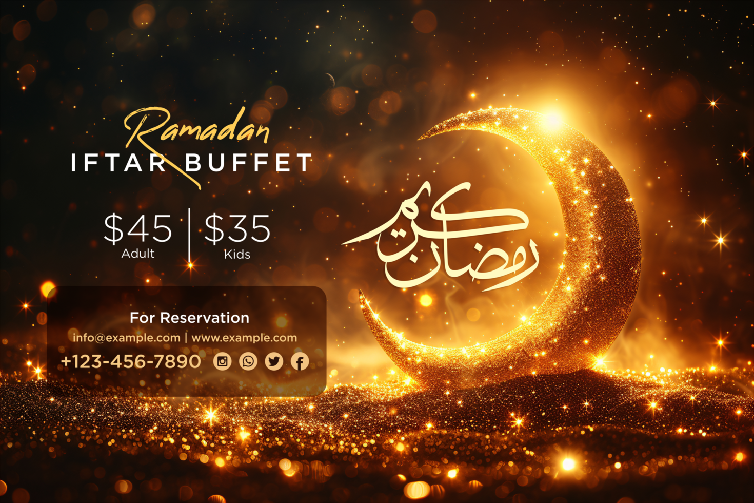Elegant Ramadan Kareem Iftar Party invitation with artistic crescent moon and intricate details psd