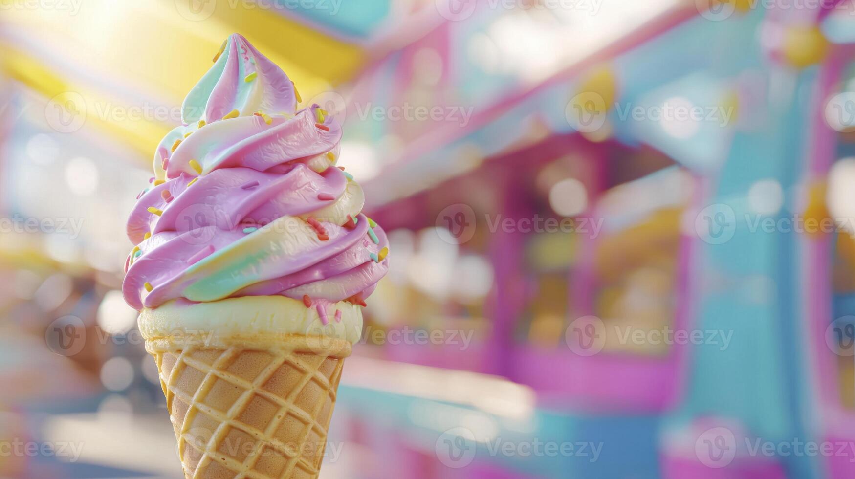 Ice cream cone with colorful swirl and sprinkles in bright fun background photo