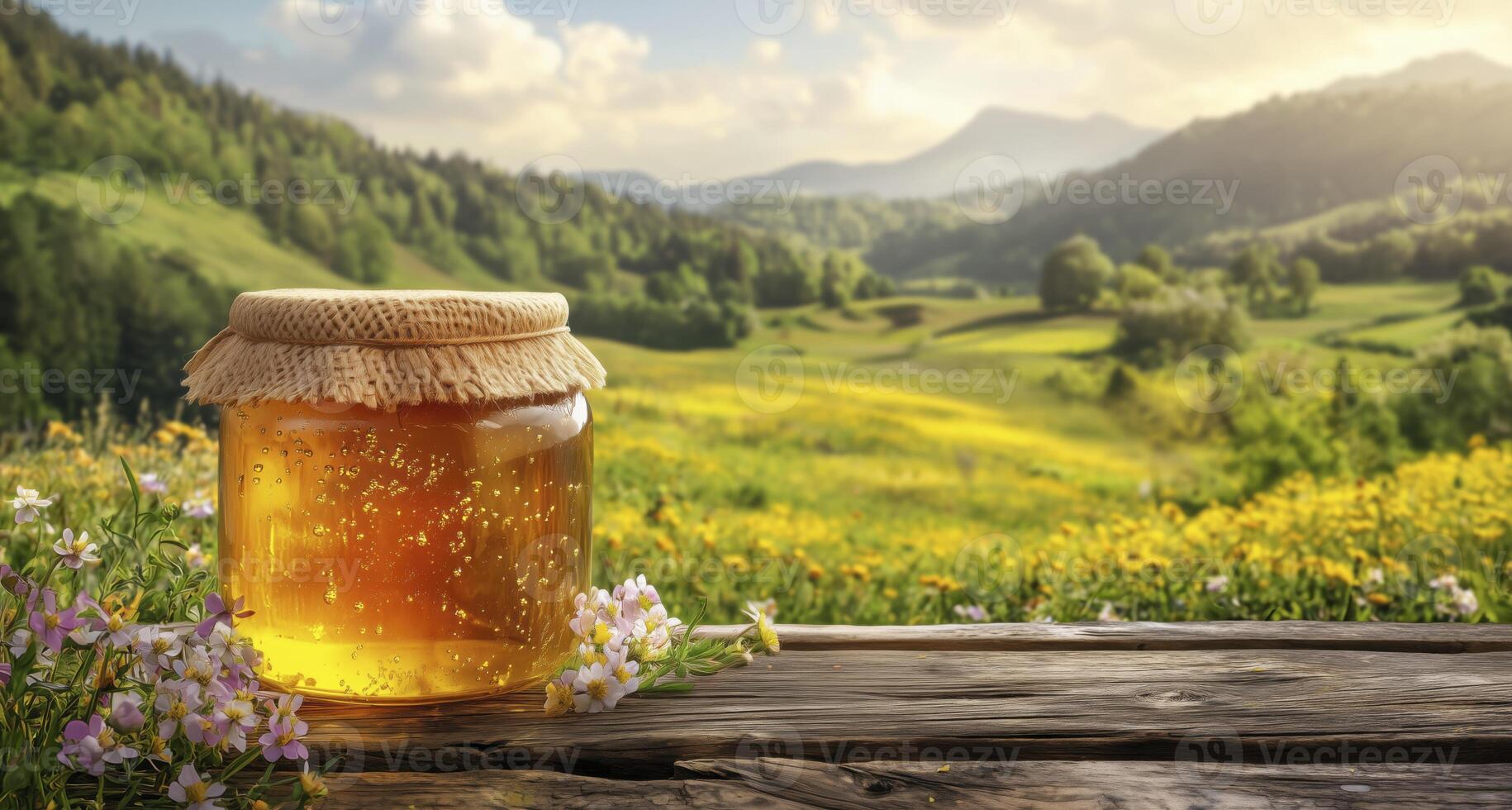 Jar of honey on a rustic wooden table with a meadow background photo