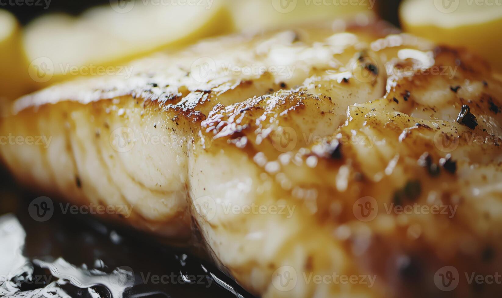 Grilled fish fillet with spices and herbs in close-up macro view photo