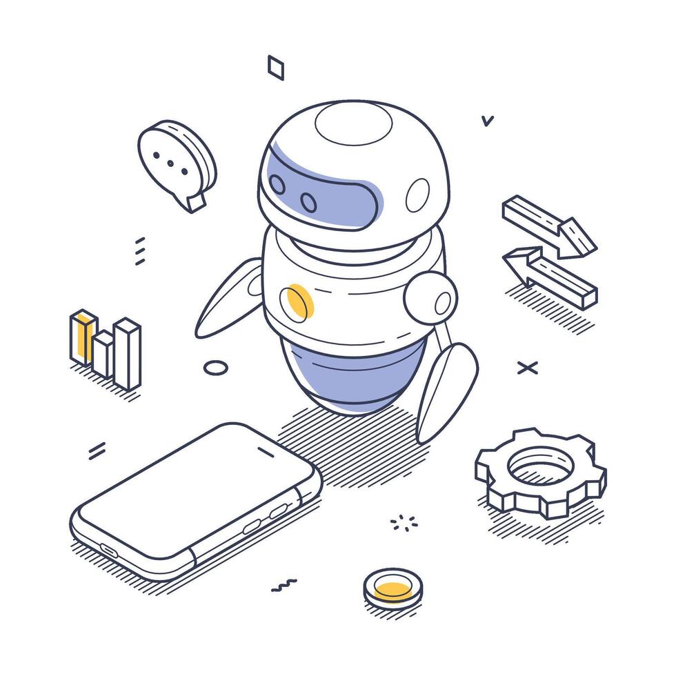 Detailed isometric line art illustration of an AI chat bot interacting with various digital elements vector