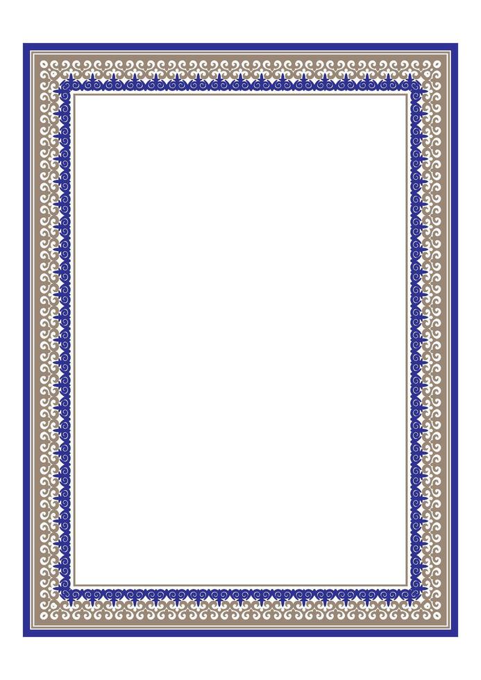 Rectangular golden blue Vertical Islamic Asian Kazakh national ornament frame. Elegant element in Eastern style, place for text. National pattern of the nomad, Kazakh, Kyrgyz, Mongol, Uzbek. A4 format vector