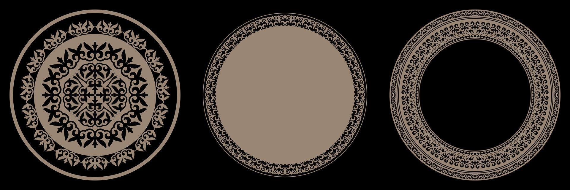 Collection Oriental gold round frames. National ornament, muslim circular frame. Template for round surfaces, textile, engraving, forging, embroidery, plate, sandblasting, print design. vector