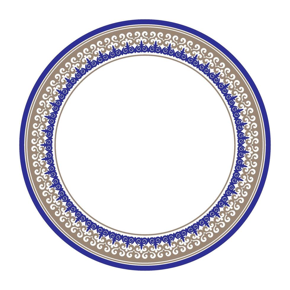 Decorative golden blue round Kazakh national ornament frame, persian motif, plate. National round pattern of the ancient nomad. For plate, embroidery, porcelain, sandblast, engraving, ceramic vector