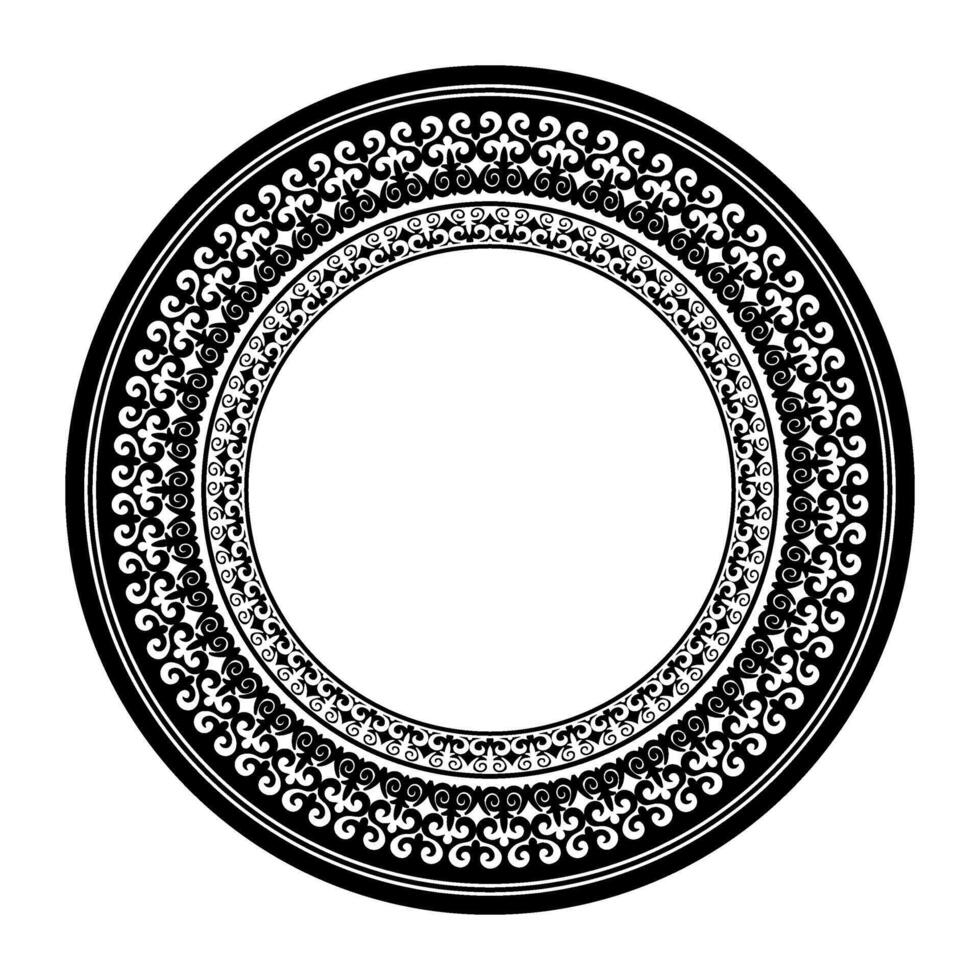 Oriental round frame, workpiece for your design. Ornamental elements and motifs of Kazakh, Kyrgyz, Uzbek, national Asian decor for plate, textile and print design. Round frame. vector