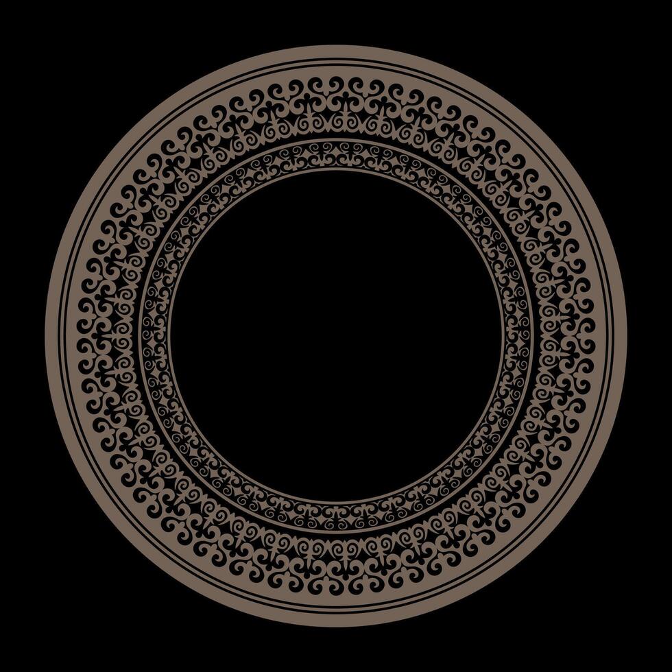 Oriental gold round frame, workpiece for your design on a black background. Ornamental element, motif of Kazakh, Kyrgyz, Uzbek, national Asian decor for plate, textile, print design. Round frame. vector