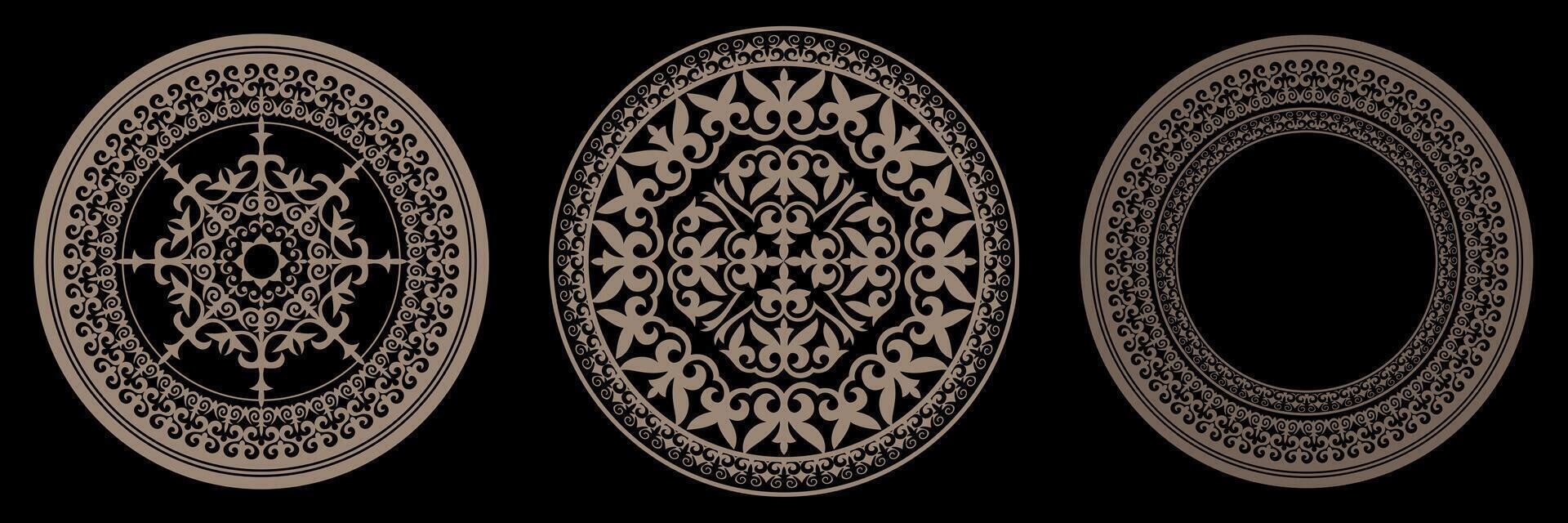 Collection of decorative round gold frames for design with floral ornament. Circle frame. Template for round surfaces, invitations, textile, engraving, forging, embroidery, plate, ceramic,sandblasting vector