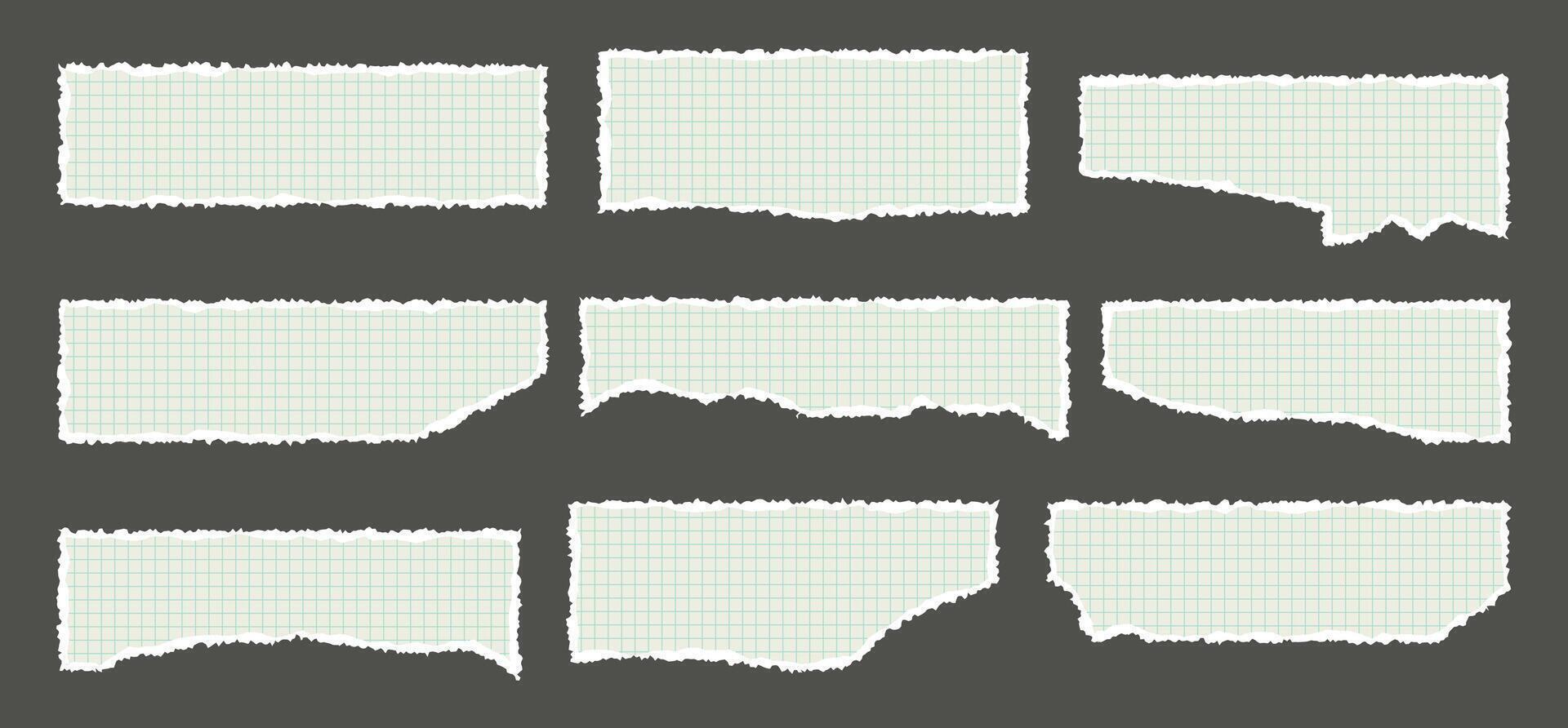A set of sheets of torn or tattered chequered paper. Textured shapes with jagged edges. illustration for collage, social media, stickers, posters. vector