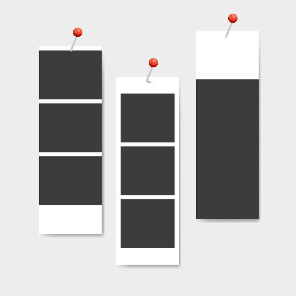 Three Blank instant photo booth stripe pinned thumbtacks on gray wall vector