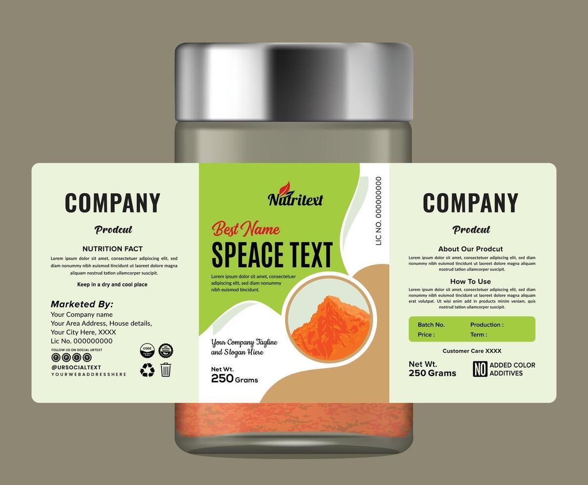 Professional spice jar label design with elegant typography, a modern balanced layout, ideal for dry food products, supplements, or organic goods packaging. vector