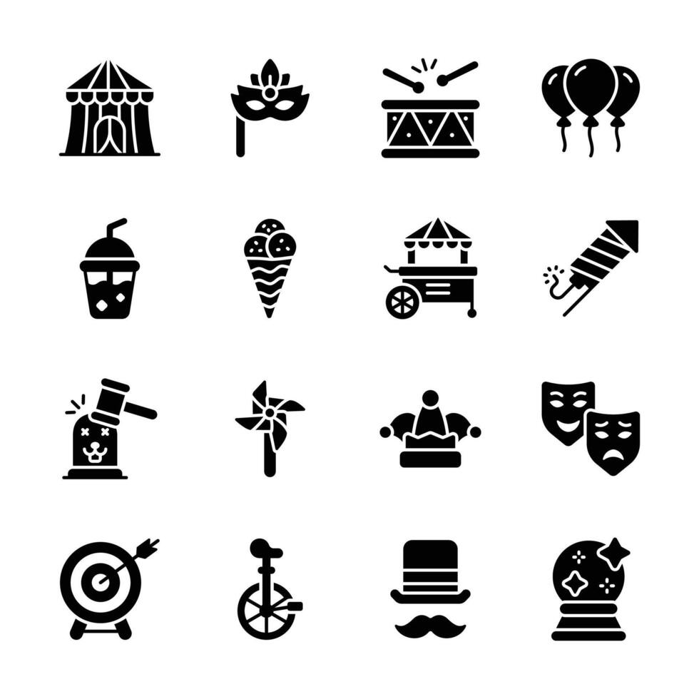 Grab this creatively designed glyph collection of carnival show vector