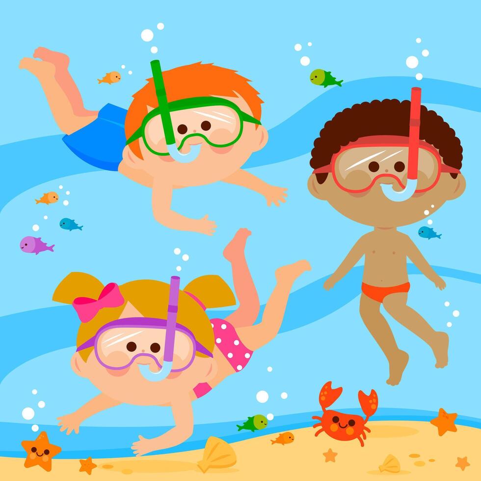Boys and a girls diving underwater using snorkeling masks. Children with diving masks swimming under the sea. Summer holidays for children at the beach. vector