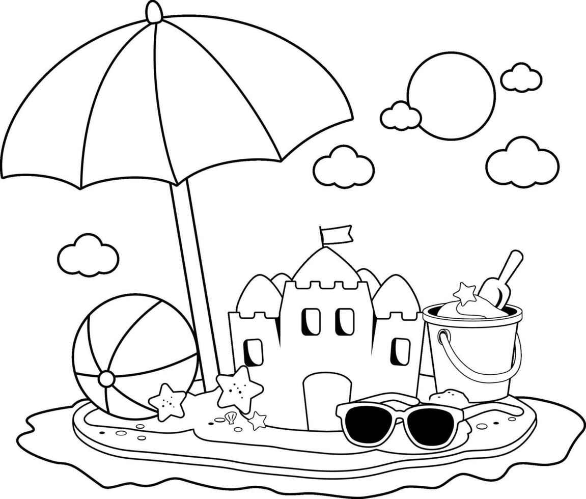 Beach summer vacation island with a beach umbrella, a sandcastle and sunglasses. Sea and sun background. Black and white coloring page. vector