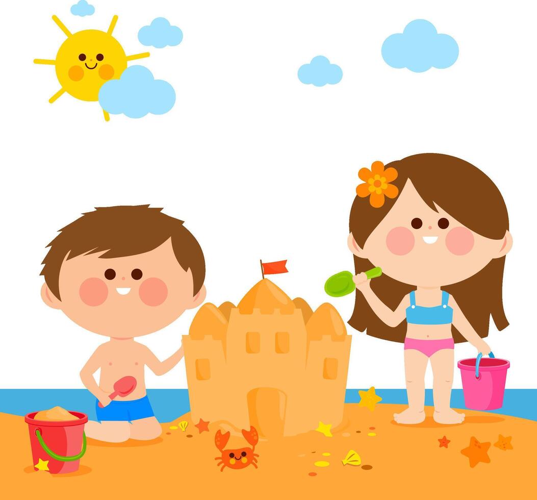 A boy and a girl at the sunny beach with swimsuits playing with sand building a sandcastle. Kids at the sea on a summer vacation island. vector