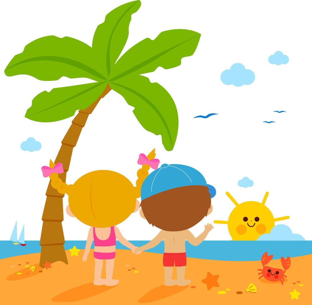A boy and a girl holding hands under a palm tree at the beach, looking at the sunset. Happy children on a summer vacation island. vector