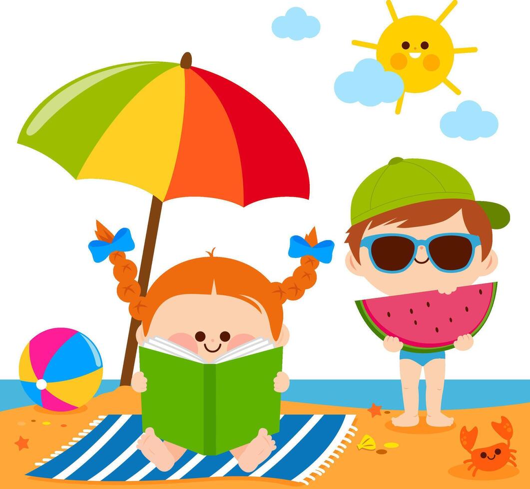 Children at the beach reading a book and eating a slice of watermelon under a beach umbrella. Kids on a summer vacation island. vector