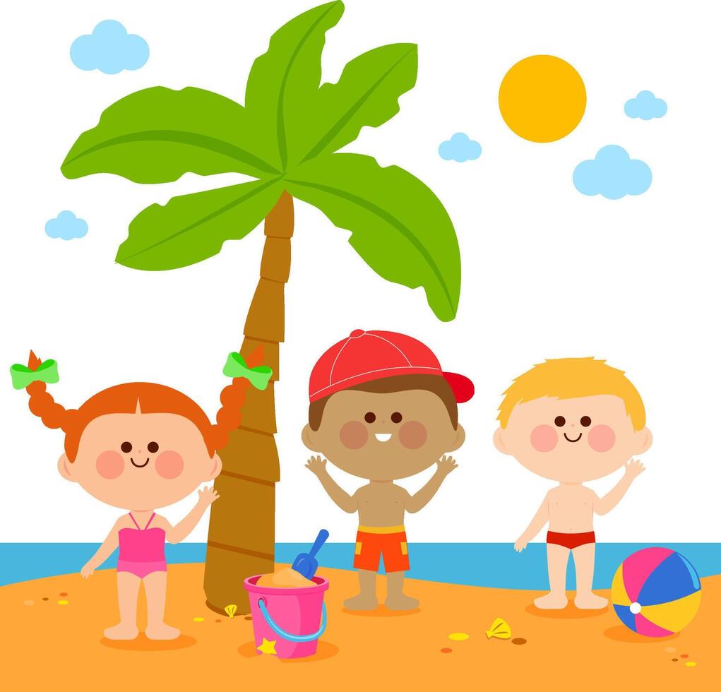 Children with swimsuits at the beach playing in the sand under a palm tree with toys. Summer vacations for kids, blue ocean and tropical island. vector