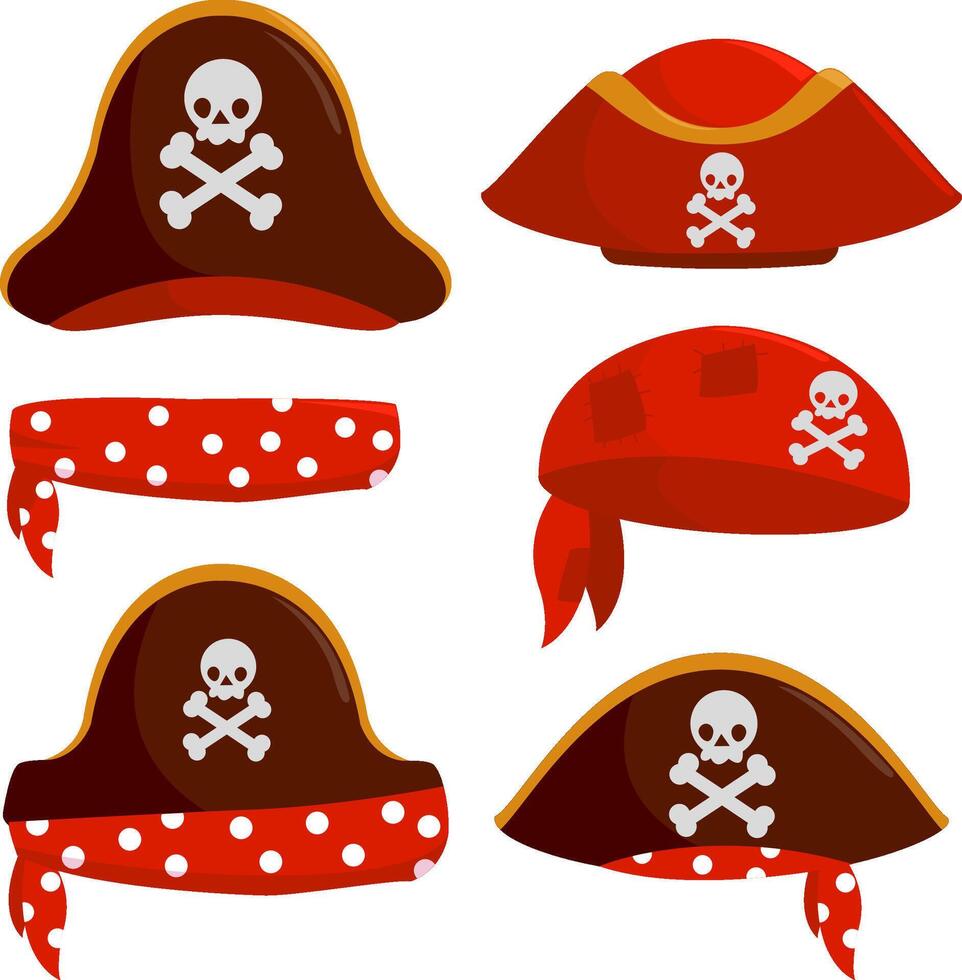 Pirate captain hats, bandannas and scarves. Children pirate costume accessories, bandannas and scarves. vector