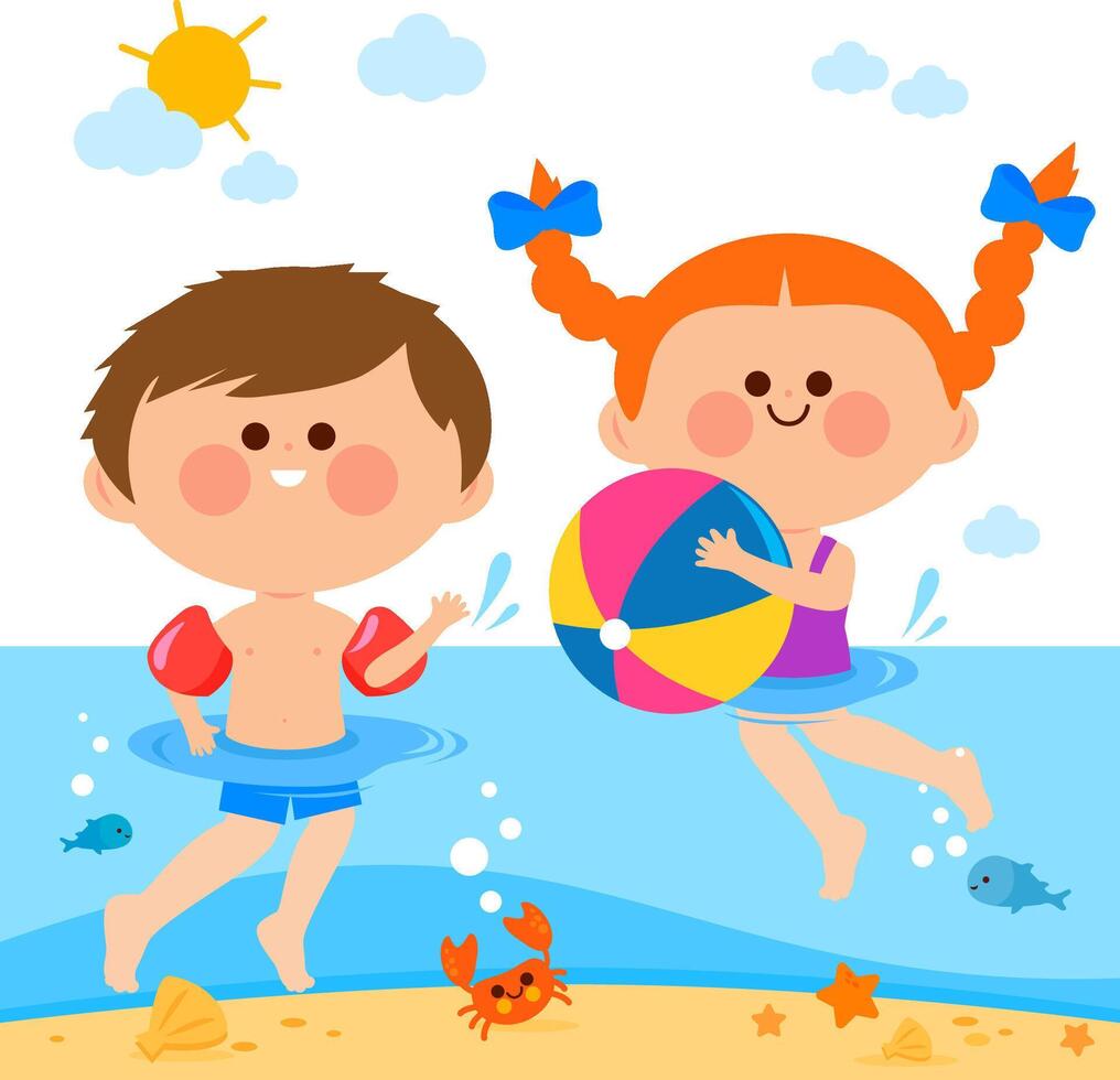 Children swimming in the sea. Summer holidays for children at the beach. Girl and boy with beach ball and inflatable rubber ring have fun on water vacations. vector