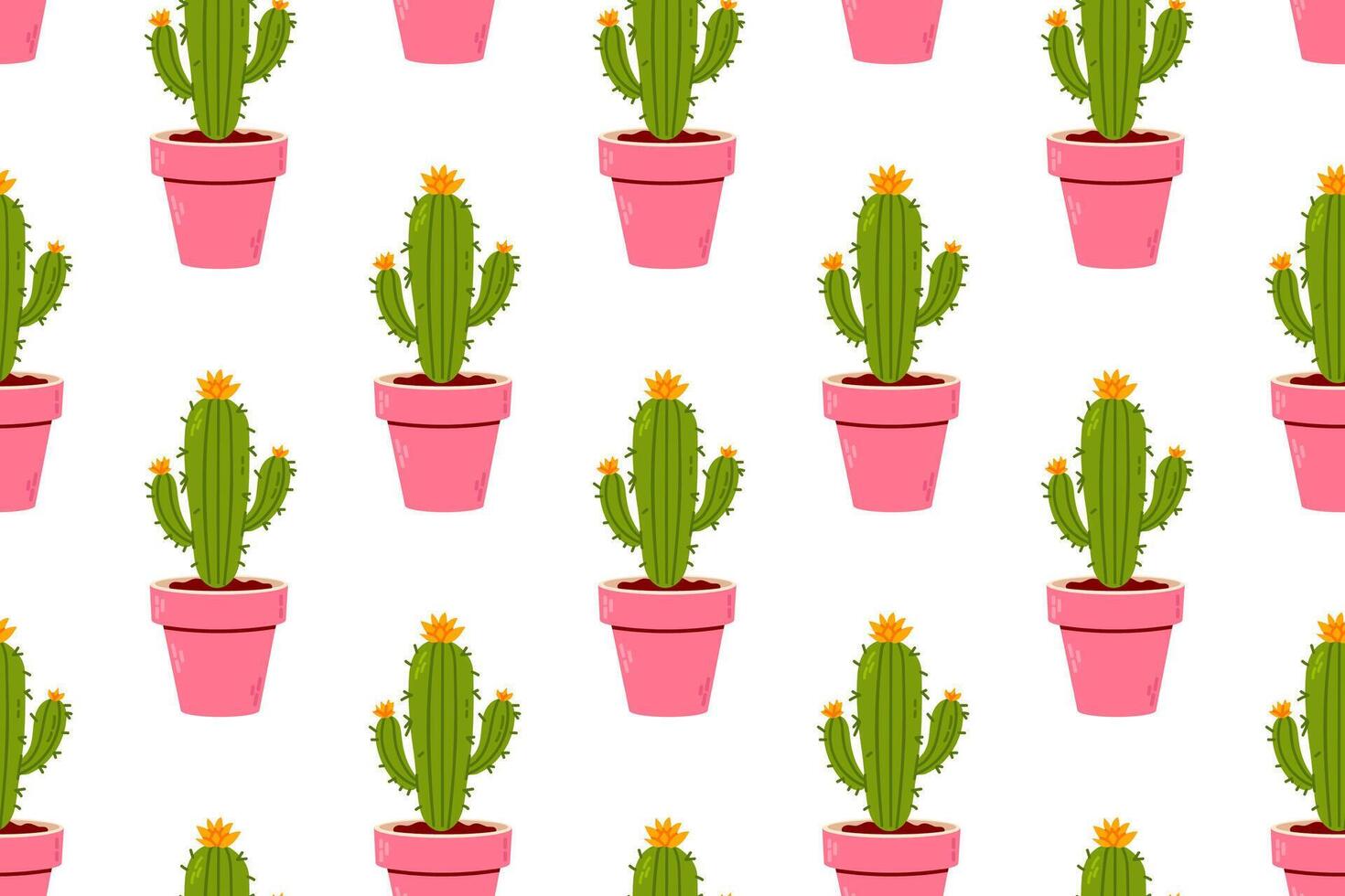A seamless pattern featuring hand-drawn potted cacti in pink pots on a white background. Ideal for textiles, wallpapers, wrapping paper, and home decor. vector