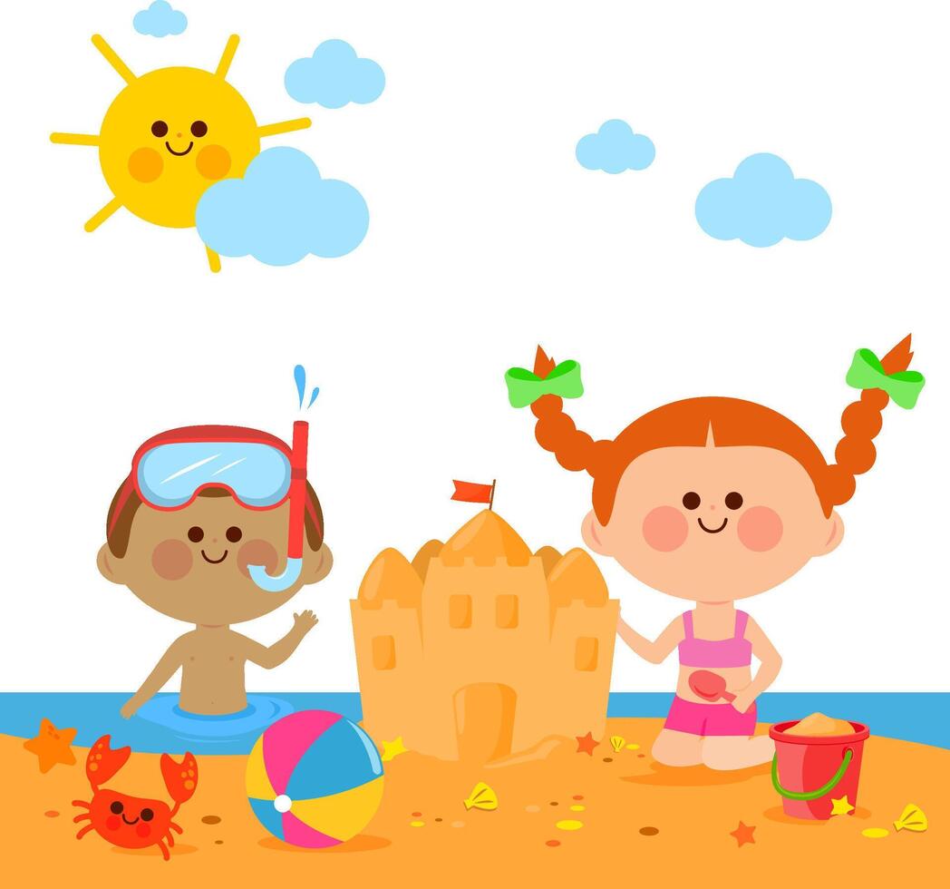 Children at the sunny beach swimming and building a sandcastle. Kids at the sea on a summer vacation island. vector