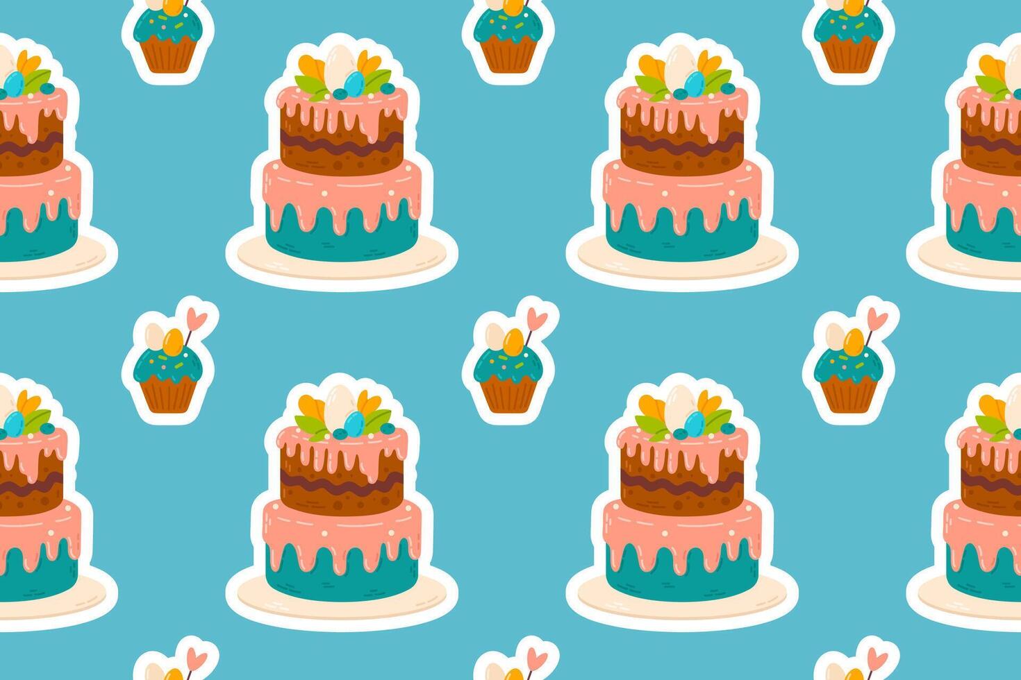 Colorful seamless pattern featuring two-tiered Easter cakes with pink and blue icing, cupcakes, and festive decorations. Ideal for gift wrapping, fabric prints, and seasonal stationery. vector