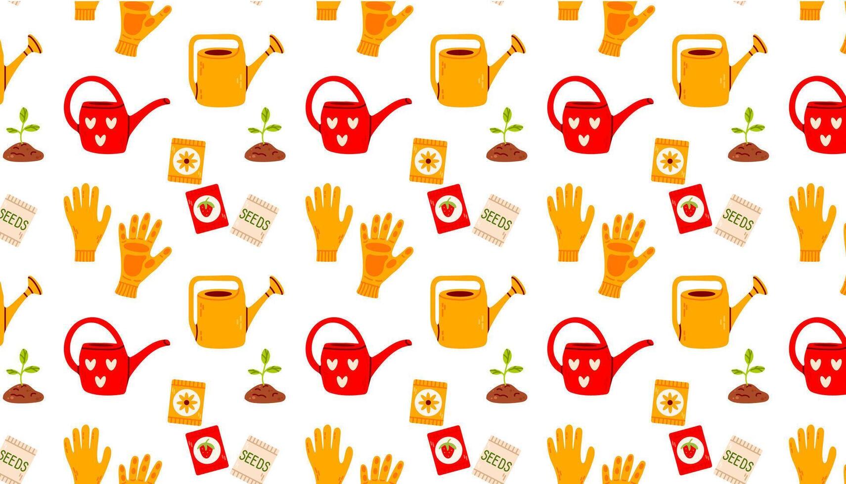 A bright and cheerful seamless pattern with gardening tools, watering cans, gloves, and seed packets. Perfect for gardening-related products, packaging, and fabric prints. vector