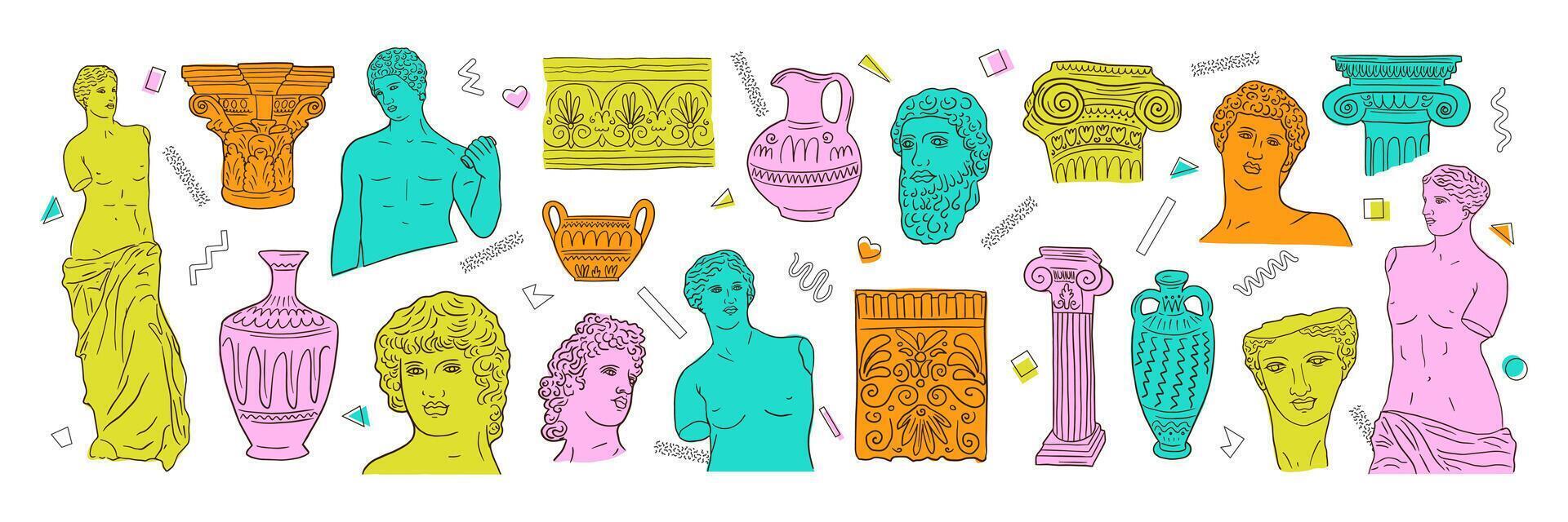 Greek ancient art set, various antique statues, sculptures. Heads, vase, body. hand drawn illustrations in trendy modern style vector