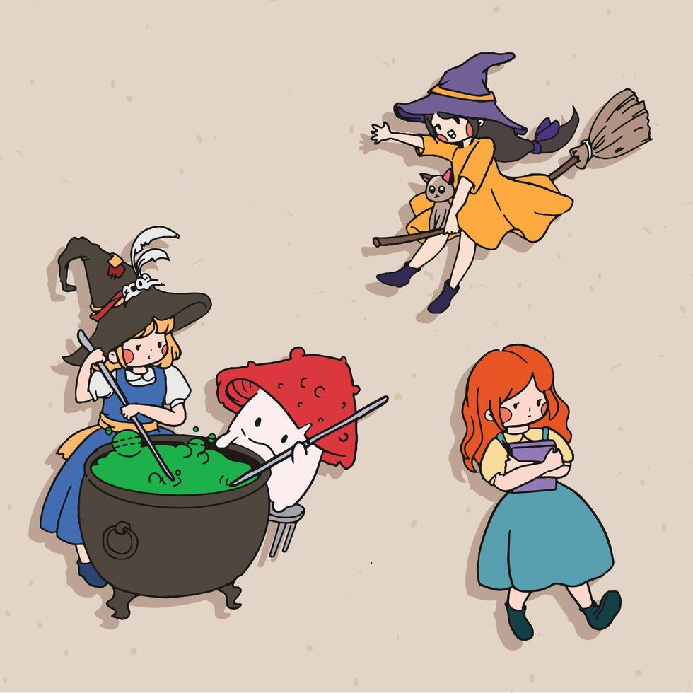 Halloween chibi girl cat witch vintage sketch doodle vector