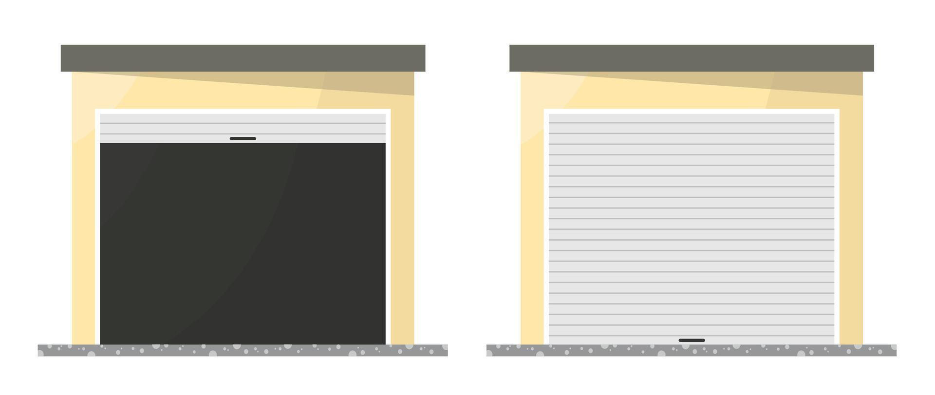 Garages with sliding door icons on white background. Open and closed garage. vector