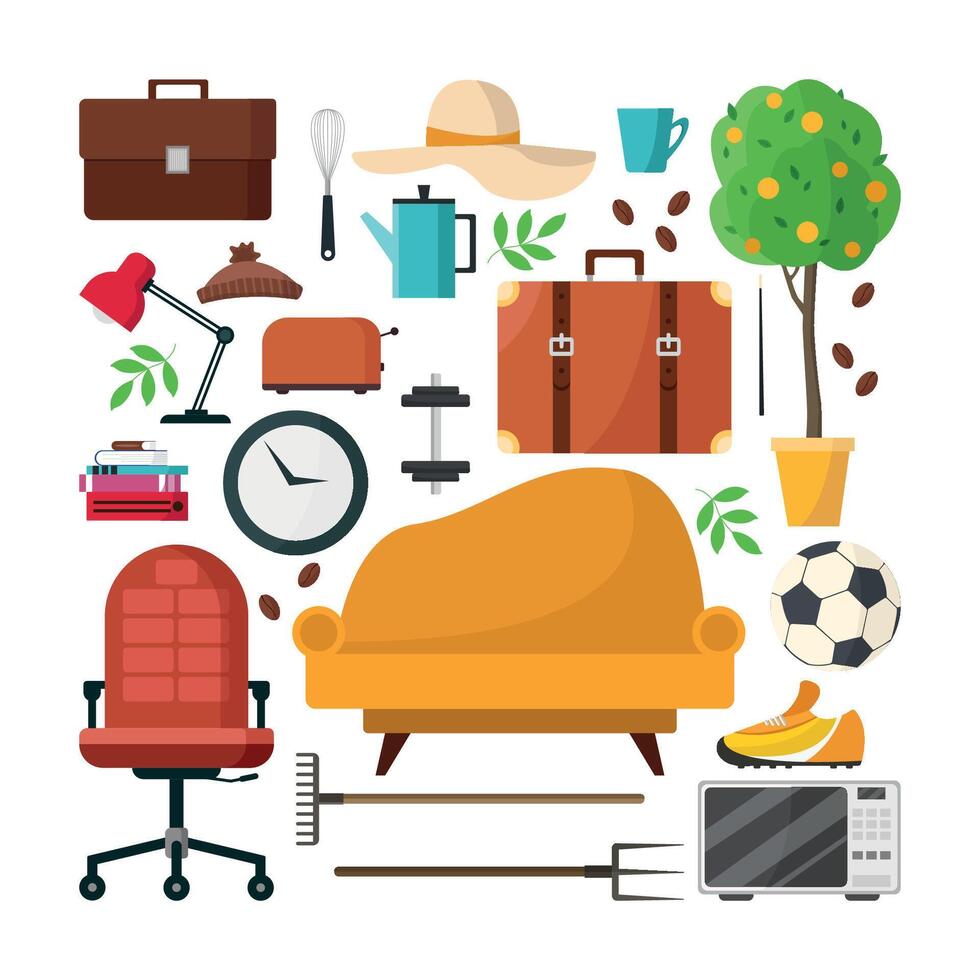 Furniture and other items icons set. Flea market, sale, second-hand. vector