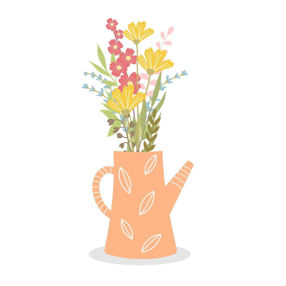 A bouquet of flowers in a watering can. Spring, summer cute flat botanical illustration. vector