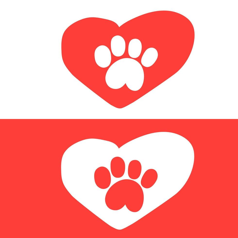 Two hearts with dog paws inside. Red color. Hand drawn illustration. vector