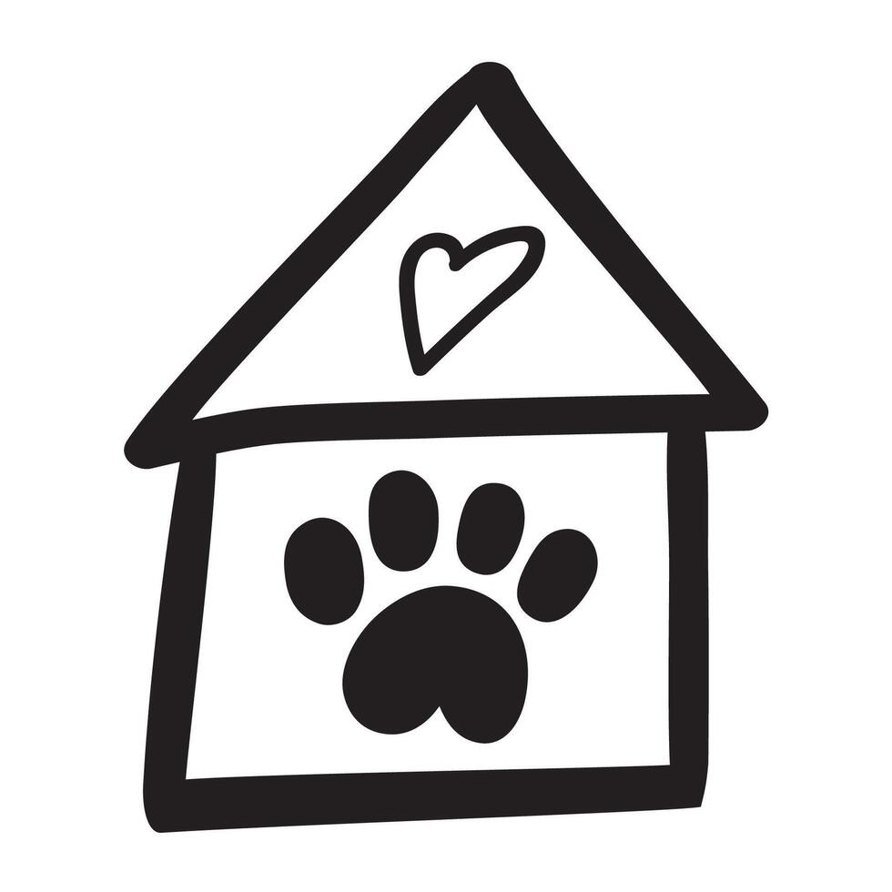 Outline isolated icon. House with dog paw print. Care and protection for domestic animals. Flat hand drawn illustration on white background. vector