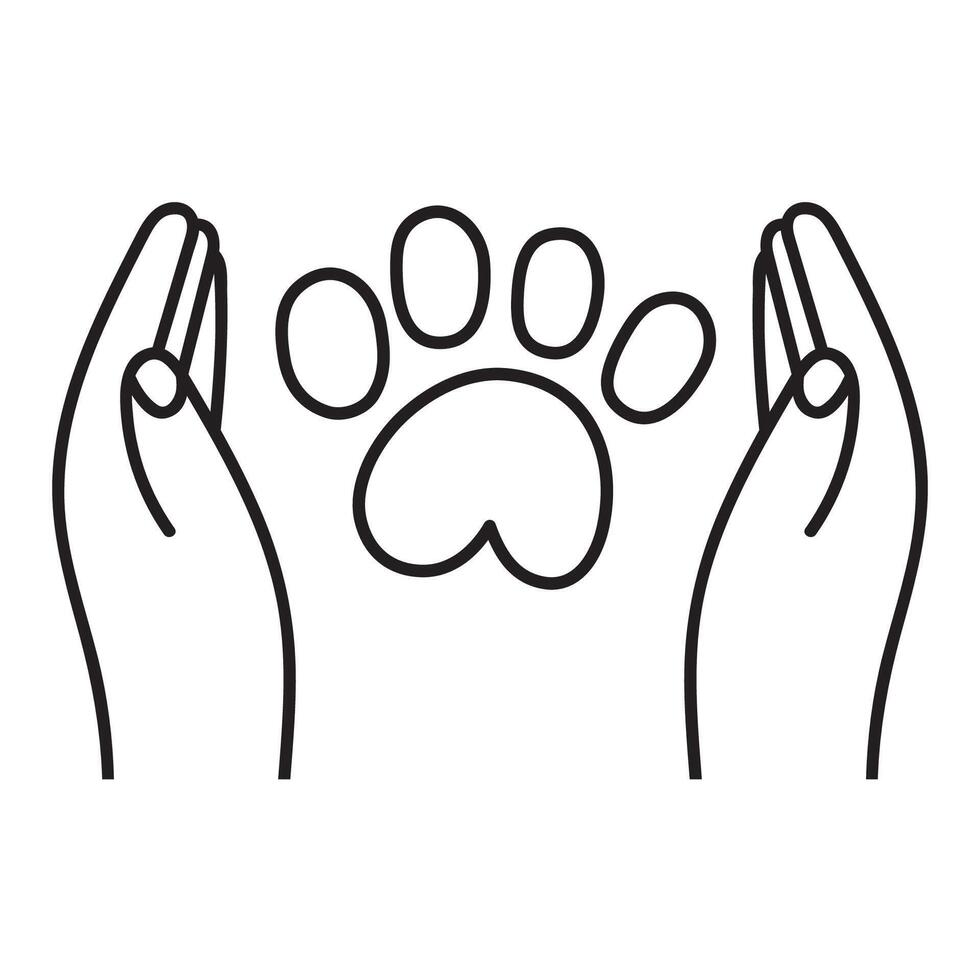 Outline icon. Human hands holds dog paw. hand drawn illustration on white background. vector
