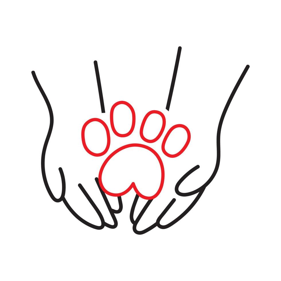 Human hands holds dog paw. Care and protection. hand drawn illustration on white background. vector
