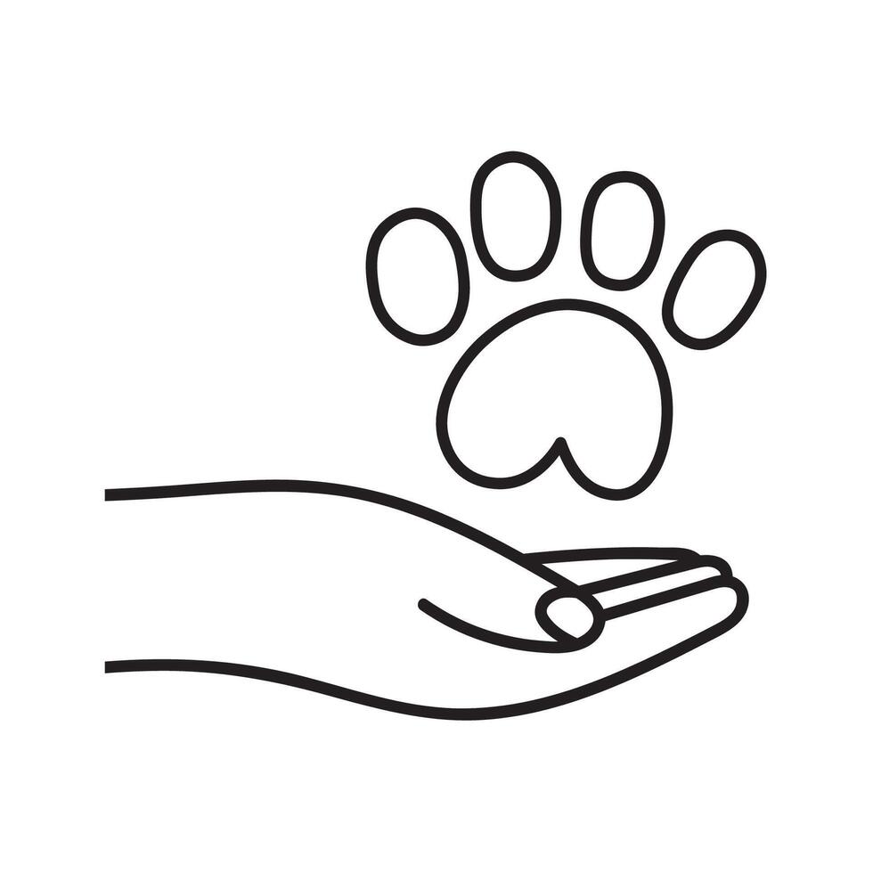 Outline icon. Human hand and dog paw. Care for domestic animals. Hand drawn illustration. vector