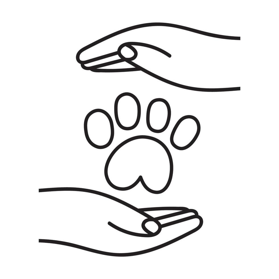 Two hands protect dog paw. hand drawn illustration on white background. vector