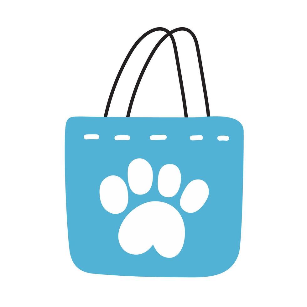 Blue shopping bag with dog paw print. Flat design. Illustration on white background. vector