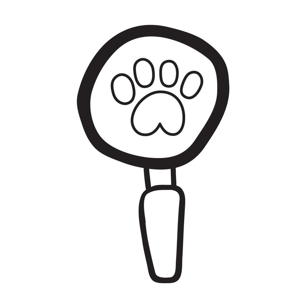 Outline icon. Magnifying glass and dog paw. Hand drawn illustration on white background. vector