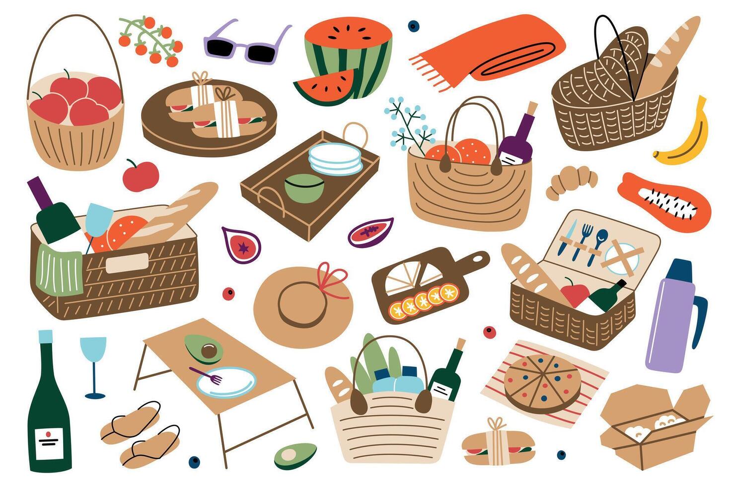 Picnic baskets with food, serving trays, set of wooden boards for outdoor dining. Fruits, cheese, wine, sandwiches, summer accessories icons collection. Picnic illustration, spring doodles vector
