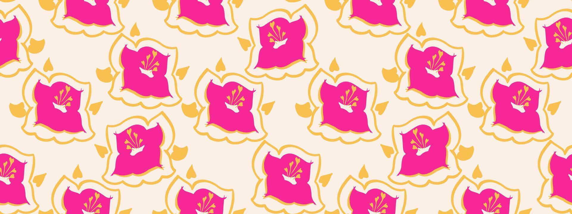 Seamless abstract floral pattern featuring vibrant pink flowers with yellow details and stylized outlines on a cream background. A playful, modern design ideal for textiles, wrapping paper vector